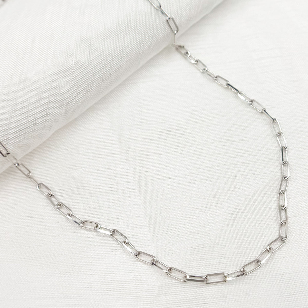 14K Solid White Gold Diamond Cut Paperclip Necklace