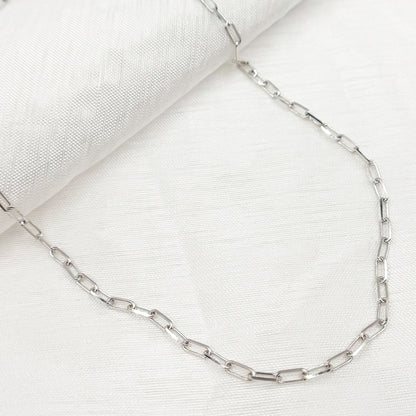 14K Solid White Gold Diamond Cut Paperclip Necklace