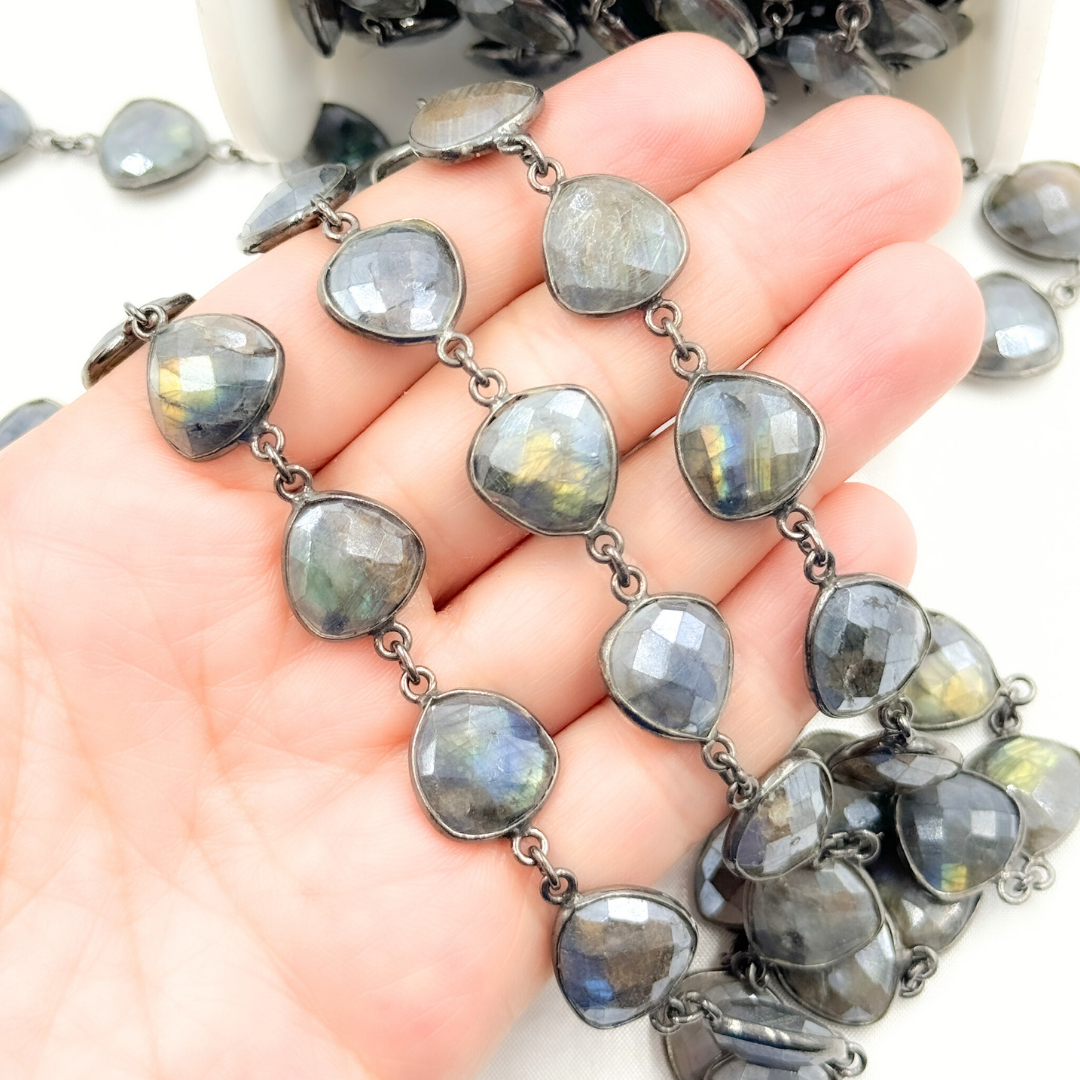Coated Labradorite Triangle Shape Bezel Oxidized Wire Chain