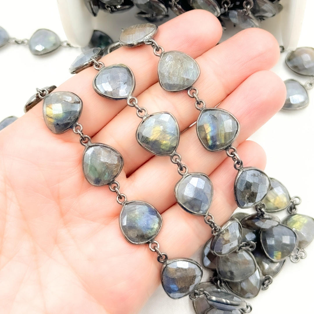 Coated Labradorite Triangle Shape Bezel Oxidized Wire Chain. CLB9