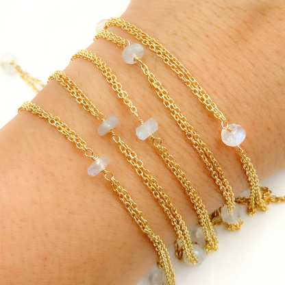 White Moonstone Rondel Shape Gold Plated Wire Chain.