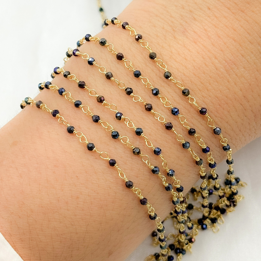 Coated Black Spinel Gemstone Faceted Rondel Wire Wrapped Chains