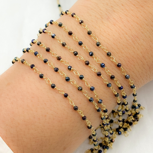Coated Black Spinel Gemstone Faceted Rondel Wire Wrapped Chains