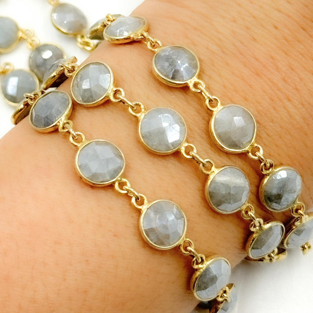 Coated Milky Aquamarine Round Shape Bezel Gold Plated Wire Chain