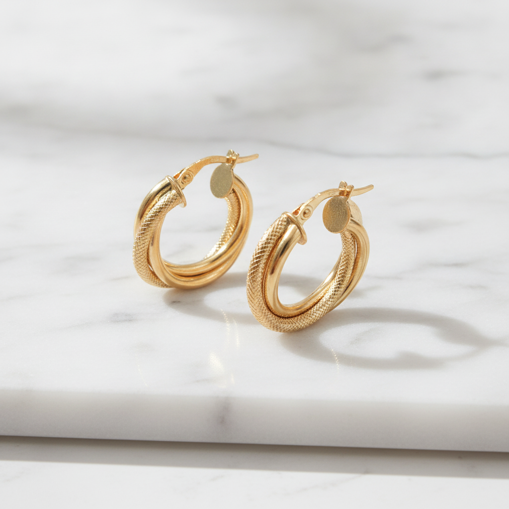 15850006741. 14K Solid Gold Smooth and Textured Twisted Triple Hollow Hoop Earrings