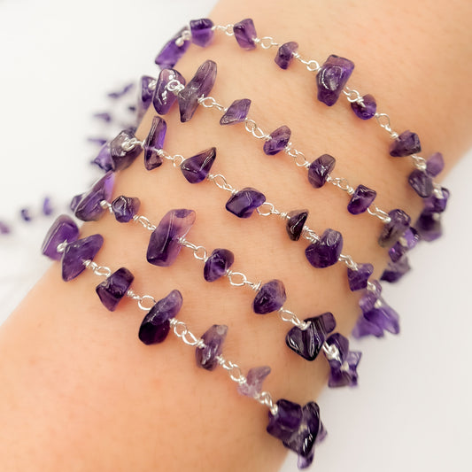 Amethyst Organic Shape Sterling Silver Wire Chain