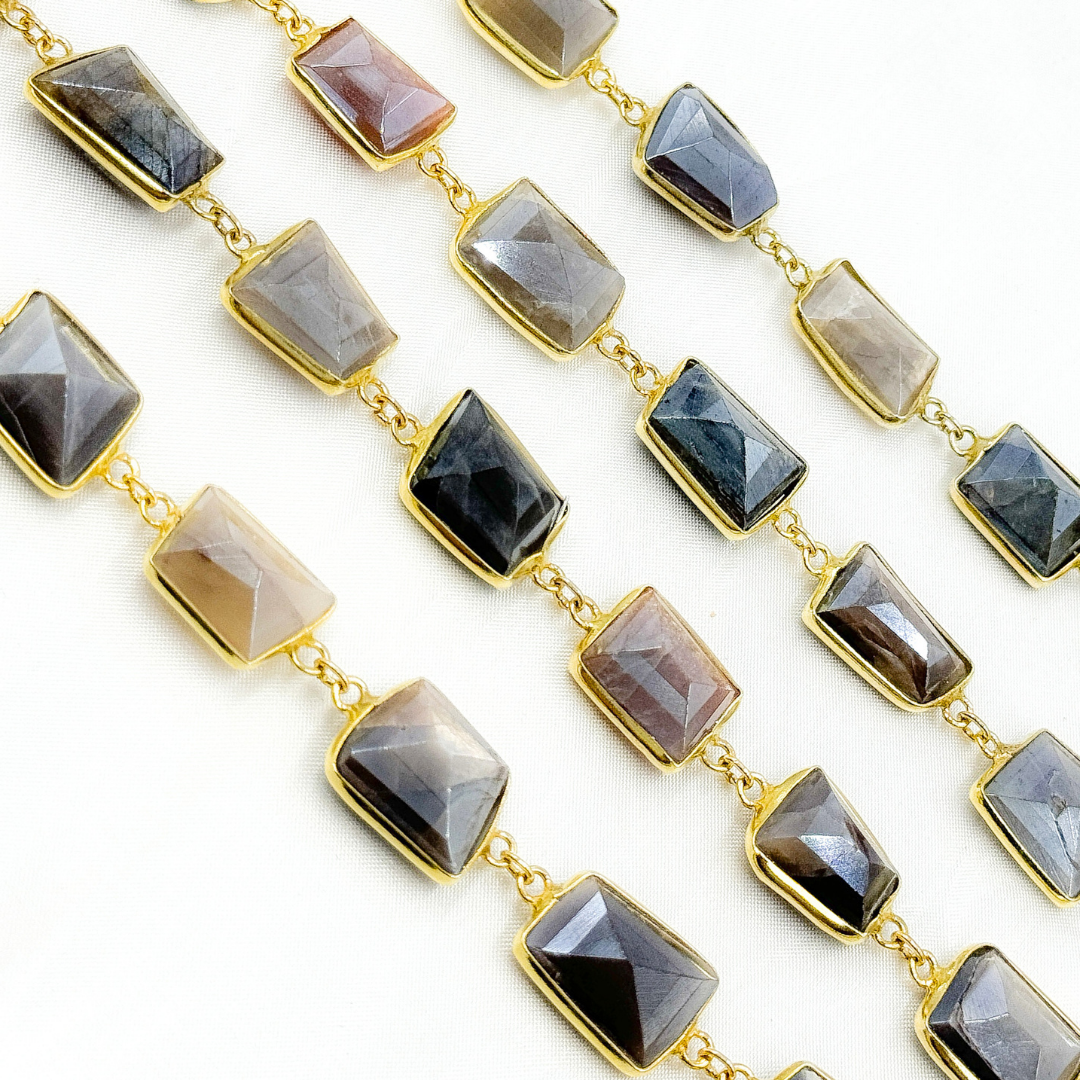Coated Multi Moonstone Organic Shape Bezel Gold Plated Wire Chain.