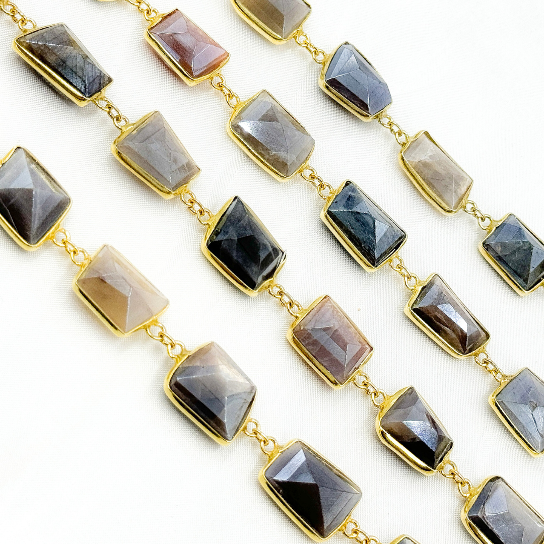 Coated Multi Moonstone Organic Shape Bezel Gold Plated Wire Chain. CMS30