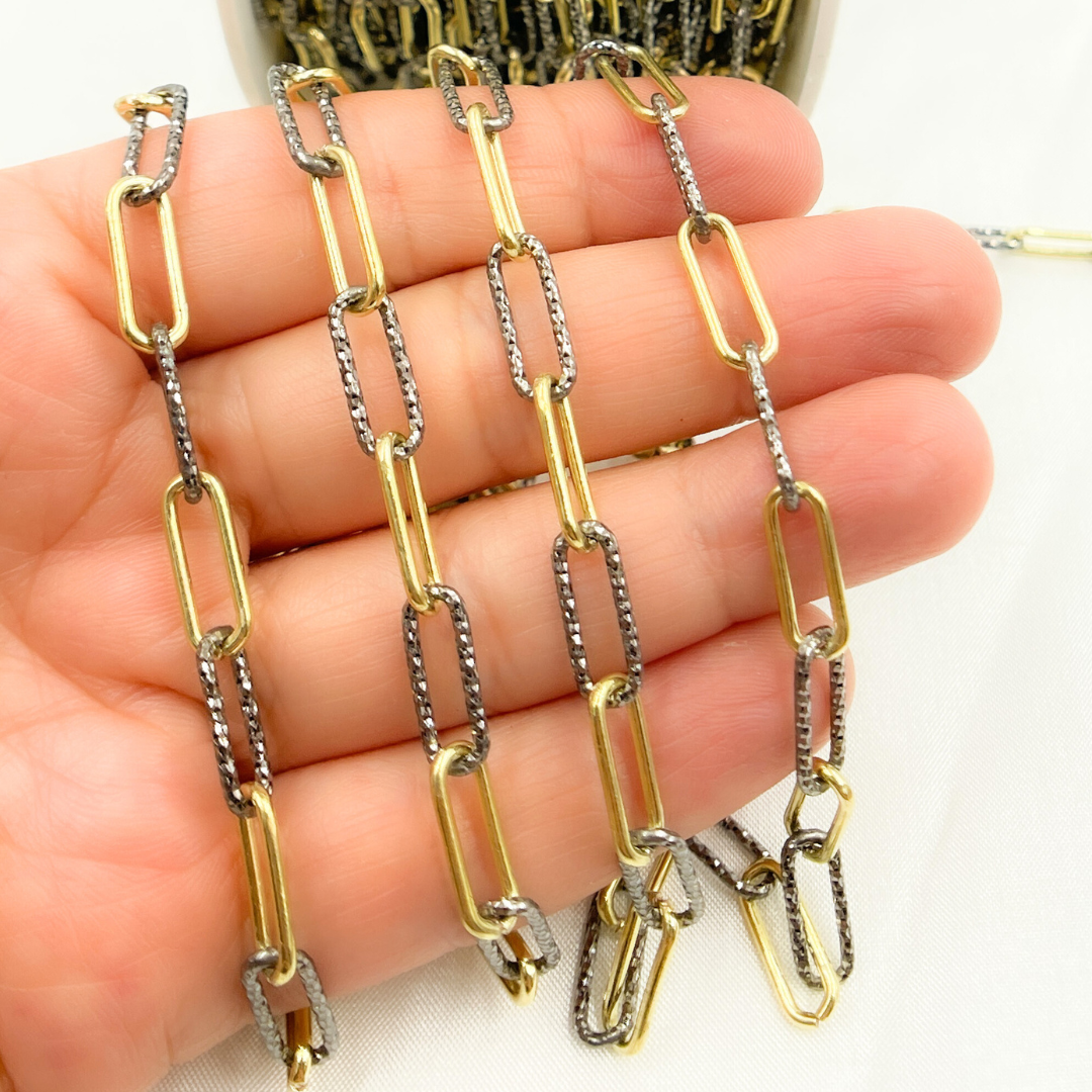 Gold Plated & Black Rhodium 925 Sterling Silver Smooth & Diamond Cut Paperclip Chain