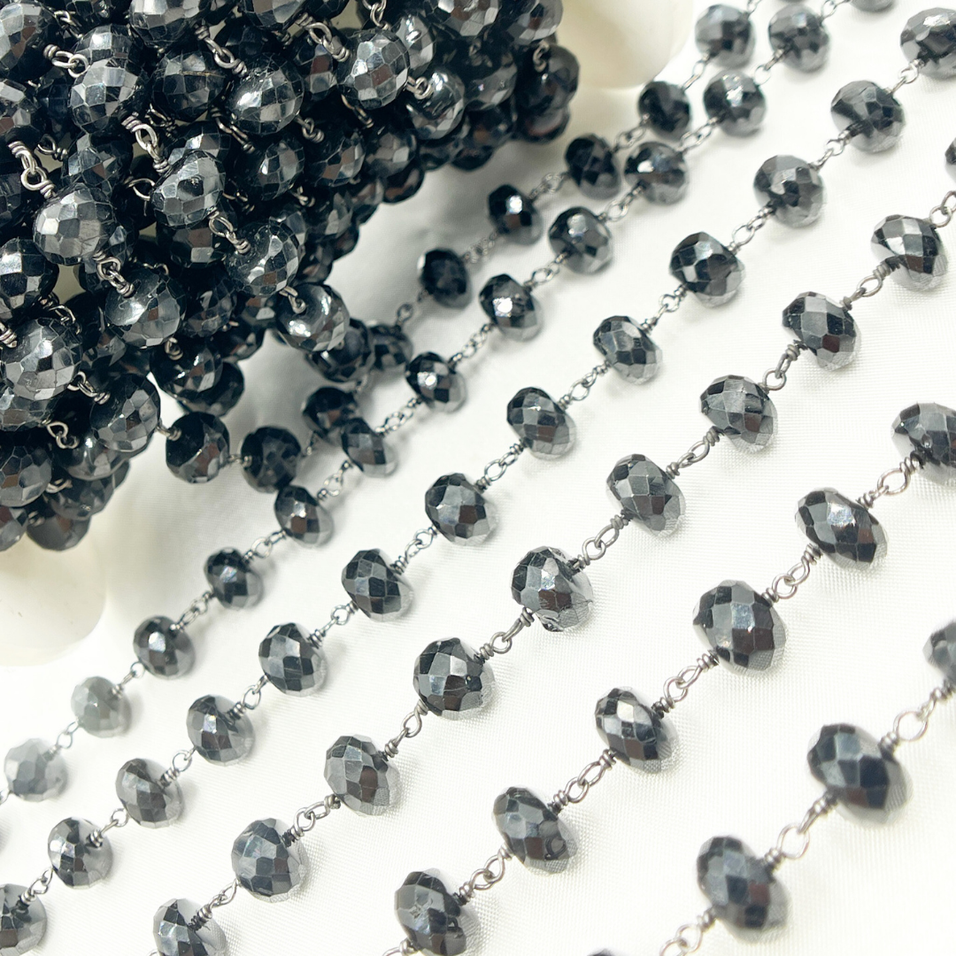 Black Spinel Rondel Faceted Wire Chain. BSP6