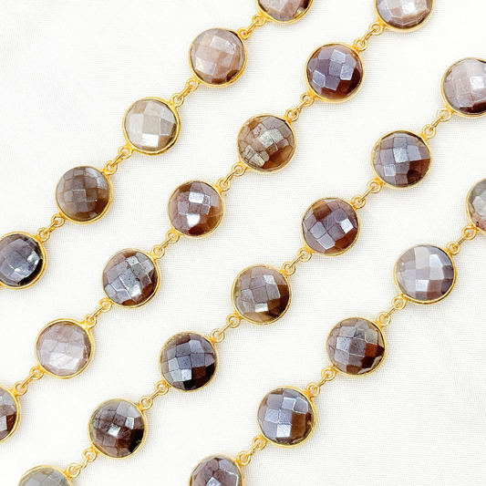 Coated Chocolate Moonstone Round Shape Bezel Gold Plated Wire Chain.