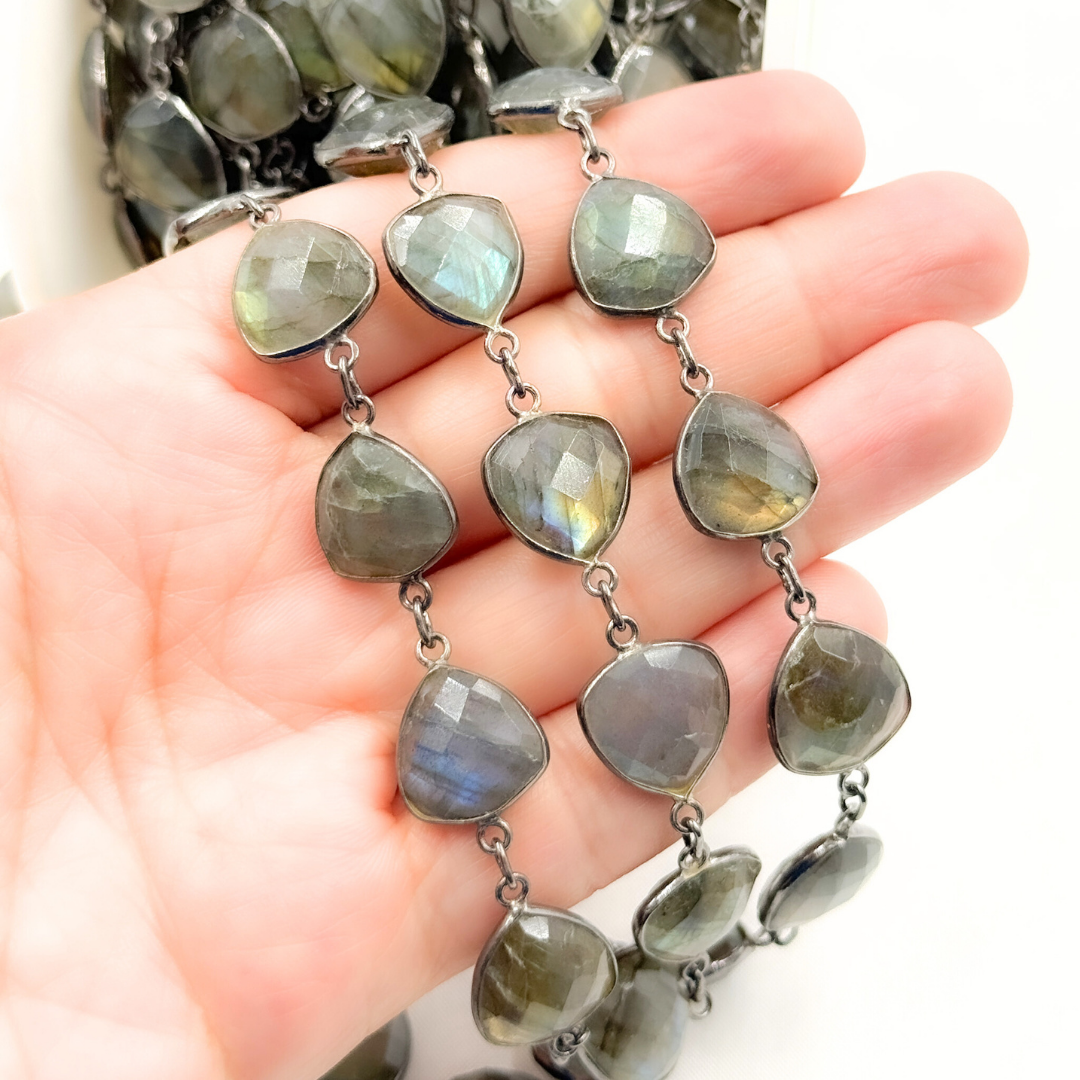 Labradorite Triangle Shape Bezel Oxidized Wire Chain. LAB23