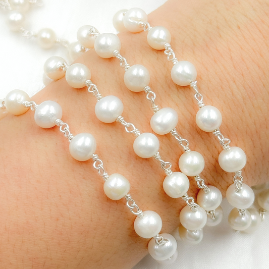PRL57. White Pearl Round 925 Sterling Silver Wire Chain