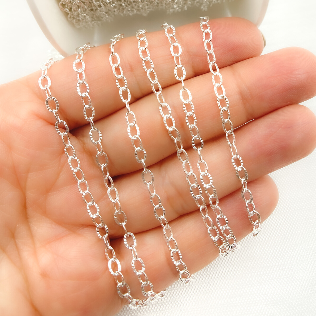 V188SS. Sterling Silver Flat Hammered Oval Link Chain