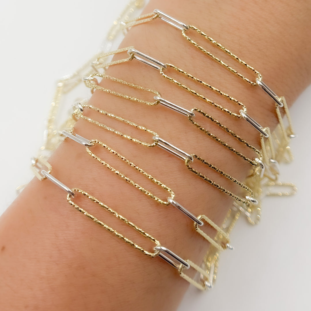 Sterling Silver Smooth and Gold Plated Diamond Cut Paperclip Chain