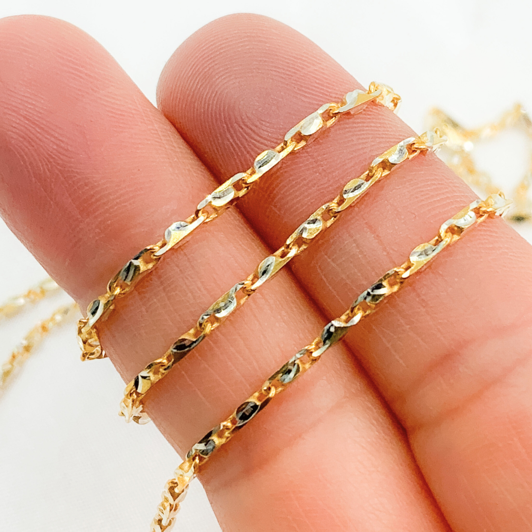 Gold Plated 925 Sterling Silver Two-Tone Diamond Cut Bar Link