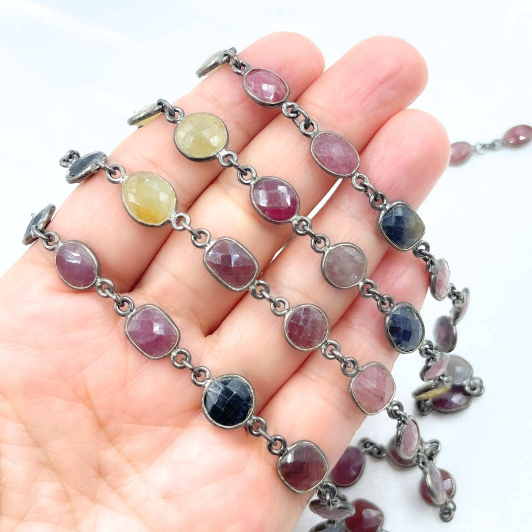 Multi Sapphire Mix Shape Bezel Oxidized Wire Chain.