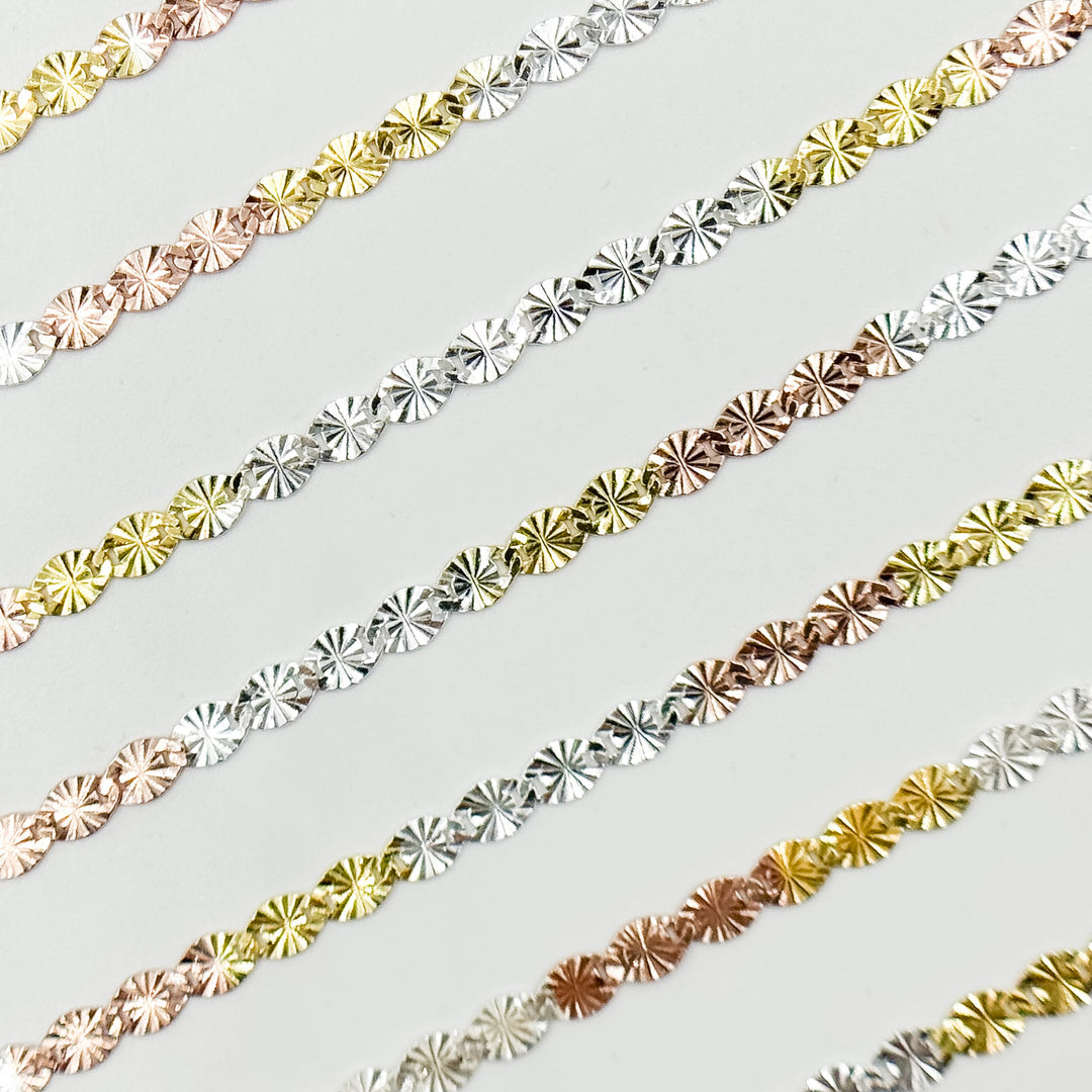 Z120GSR. White Silver, Gold Plated, and Rose Gold Plated Silver Diamond Cut Marina Chain