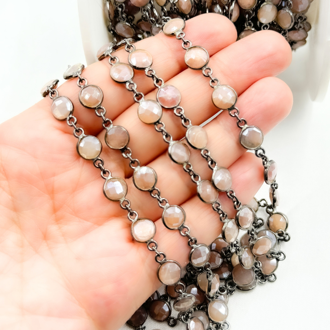 Coated Peach Moonstone Round Shape Bezel Oxidized Wire Chain.