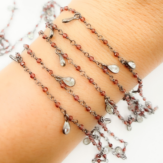 Garnet & CZ Dangle Oxidized Wire Chain