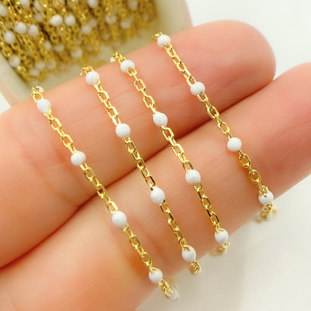 V203WTGP. Gold Plated Sterling Silver Enamel White Color Cable Chain