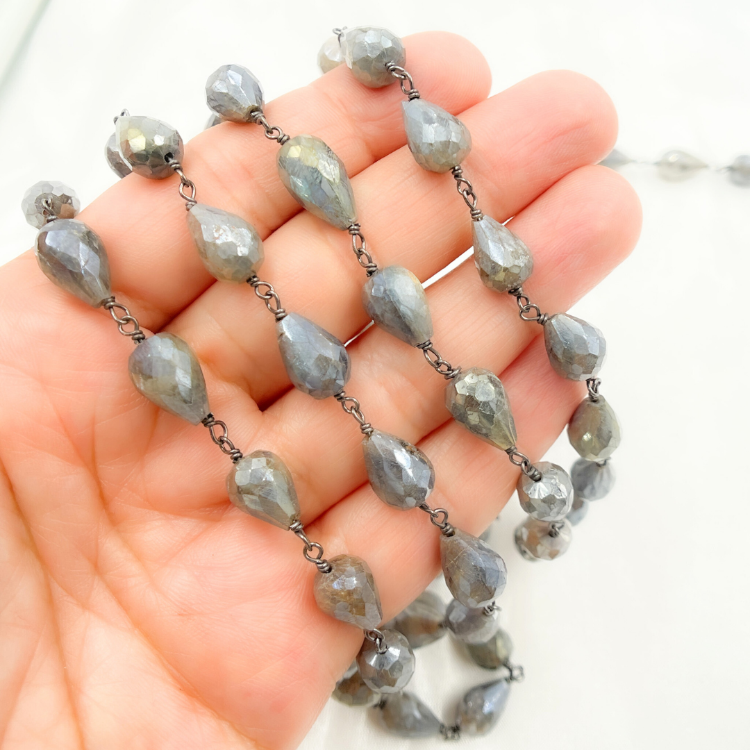 Coated Labradorite Pear Shape Oxidized Wire Chain