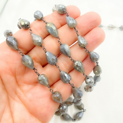 Coated Labradorite Pear Shape Oxidized Wire Chain