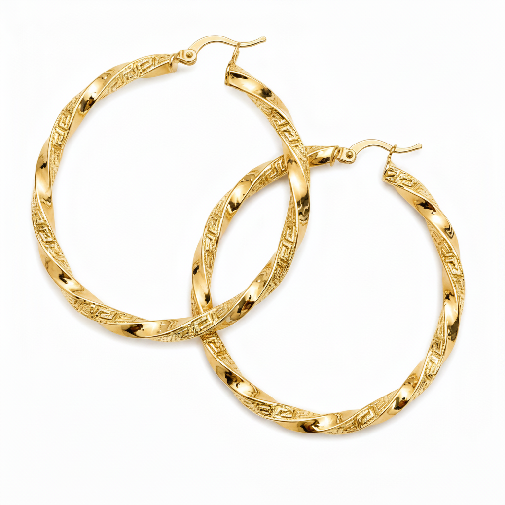 GER181. 14K Solid Gold Twisted Hollow Hoop with Engraved