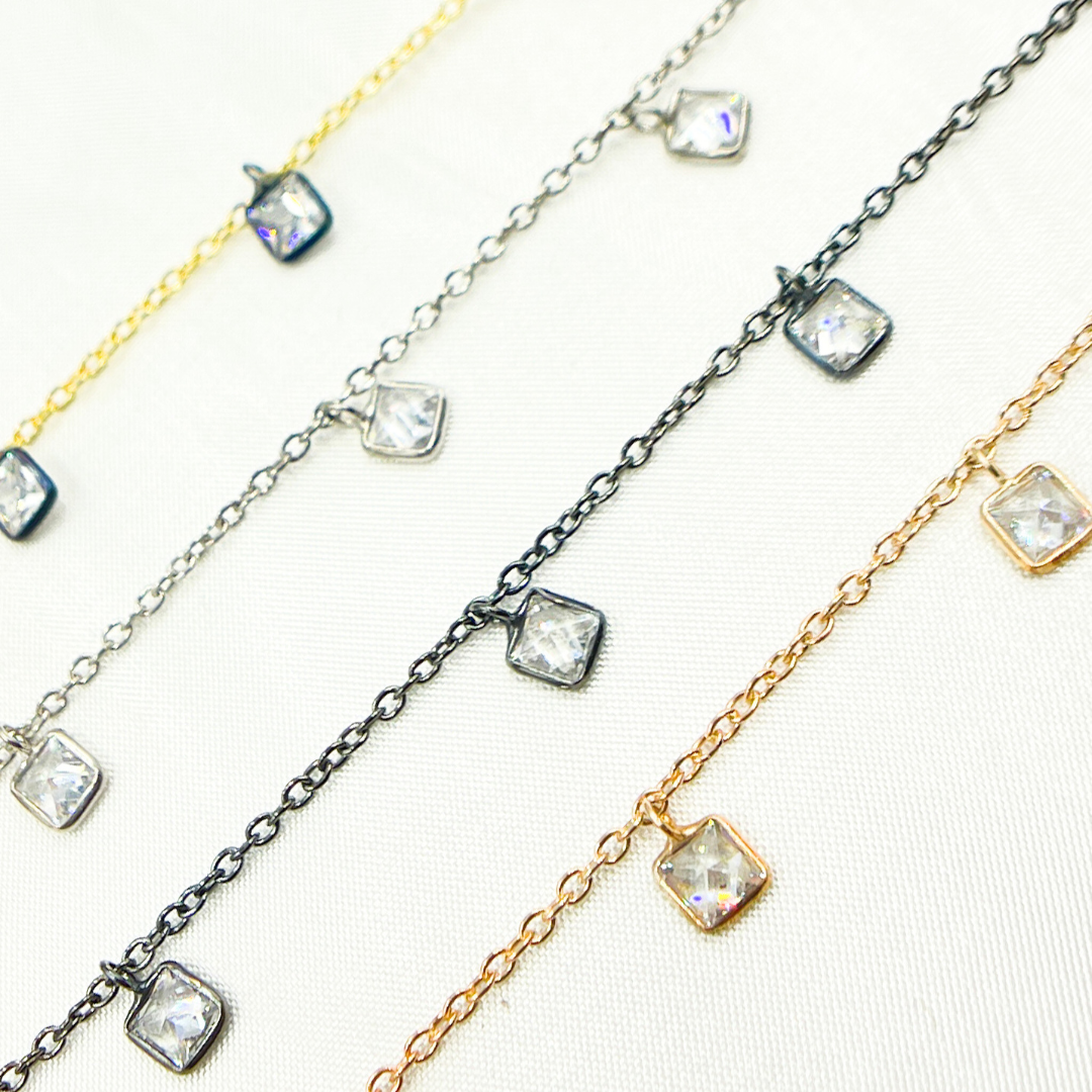 CZ2. 4mm Cubic Zirconia Square Shape Dangle Chain