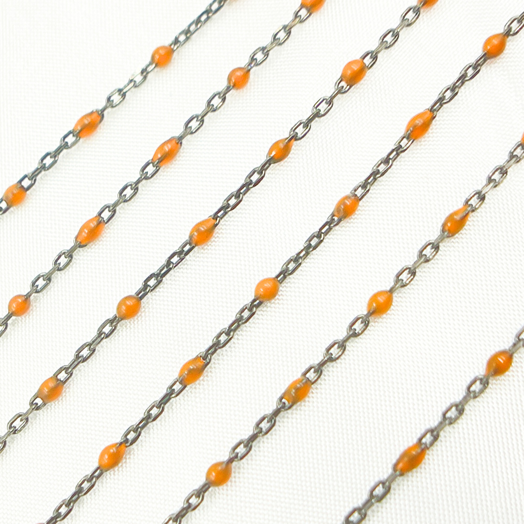 Oxidized Sterling Silver Enamel Orange Color Cable Chain