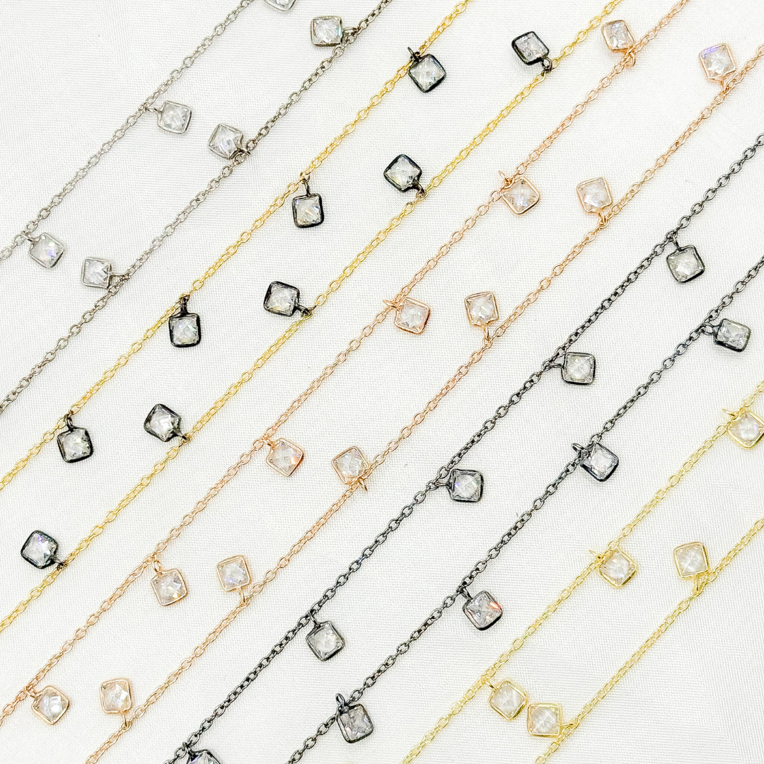 CZ2. 4mm Cubic Zirconia Square Shape Dangle Chain