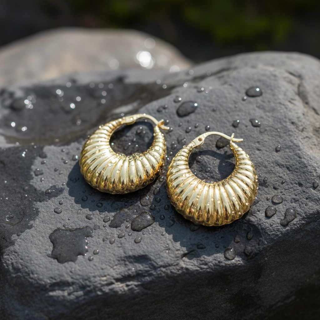 GER121. 14K Solid Gold Chunky Croissant Hollow Hoop Earrings