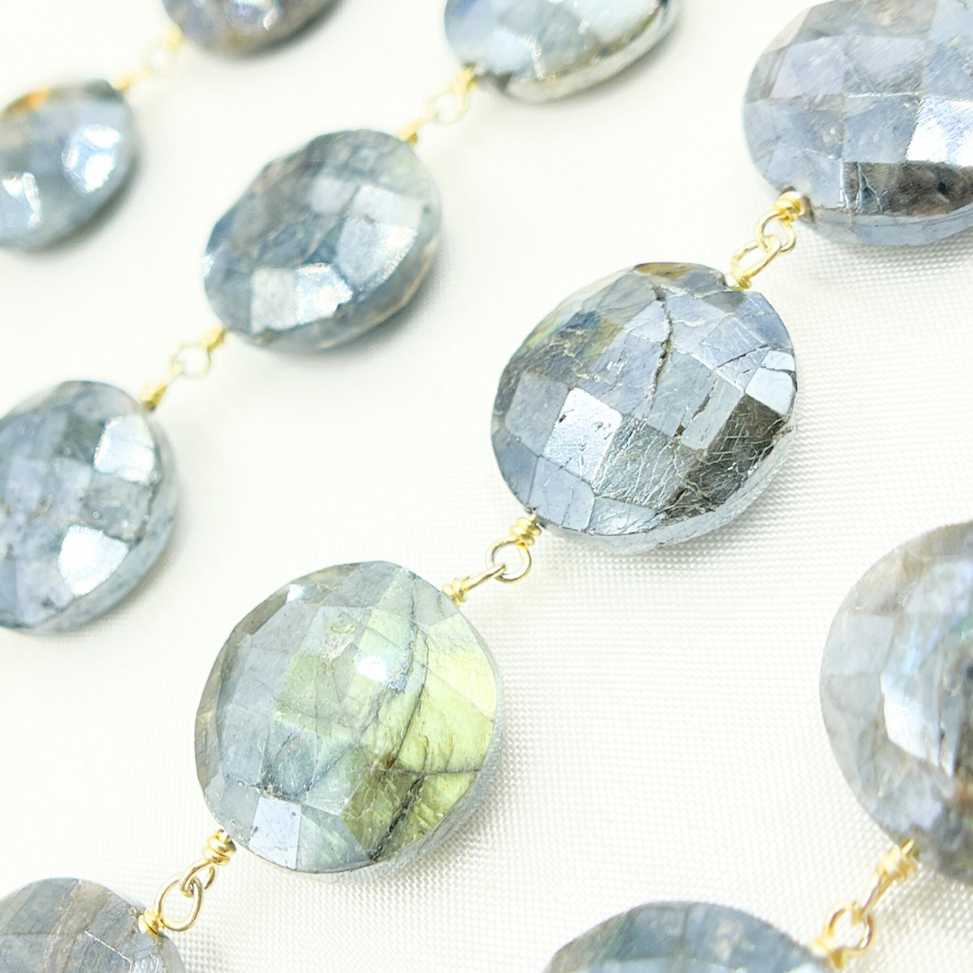 Coated Labradorite Coin Shape Gold Plated Wire Chain