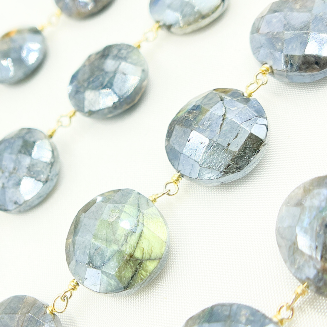 Coated Labradorite Coin Shape Gold Plated Wire Chain. CLB19