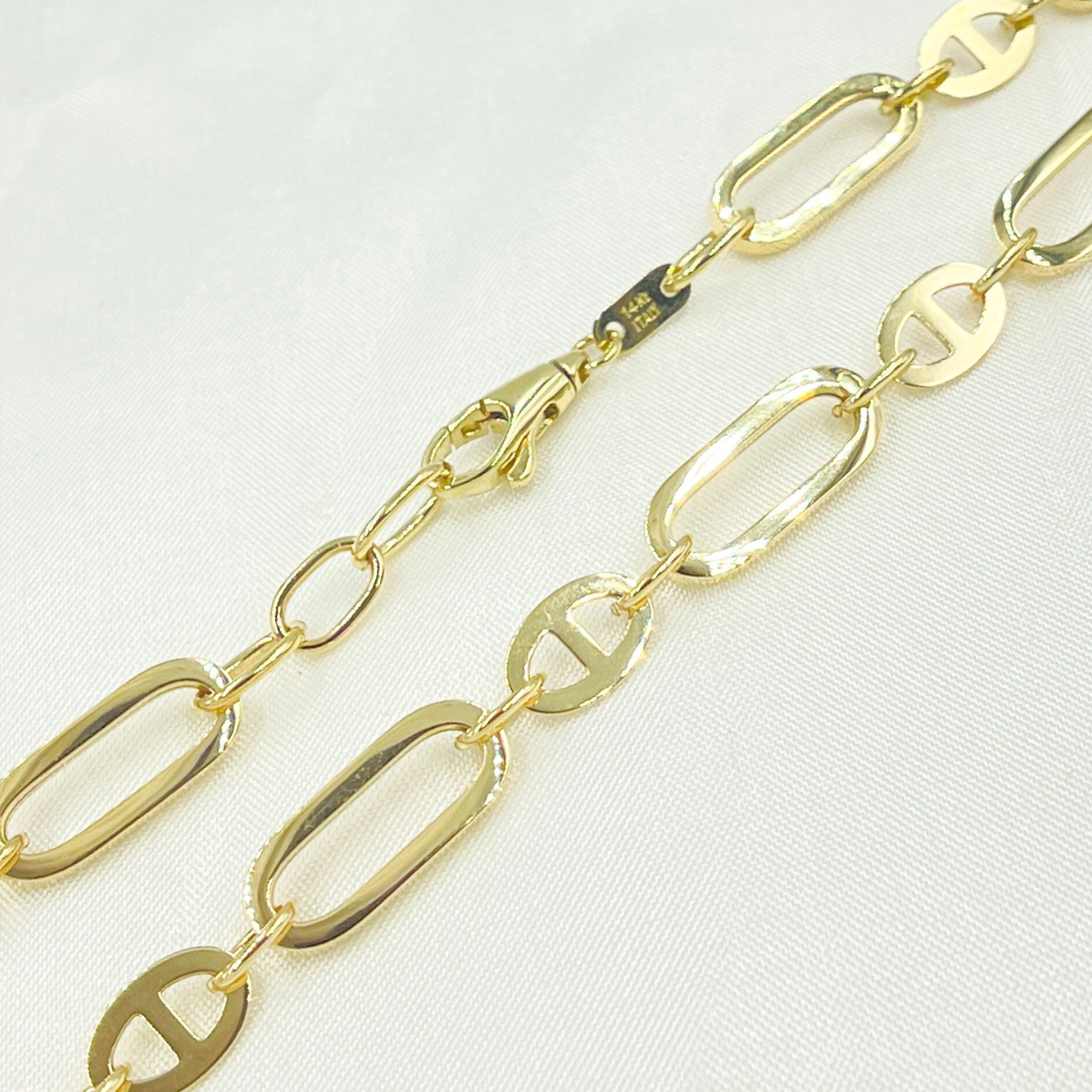 501069MGG. 14k Solid Yellow Hollow Gold Flat Oval Link & Flat Marina Link Chain