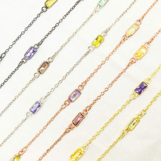 Multi Color Cubic Zirconia Rectangular Shape Connected Chain
