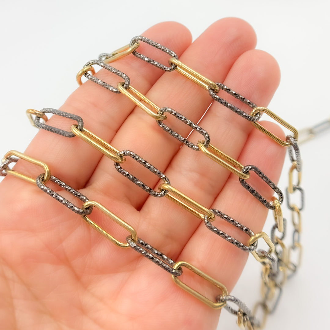 Gold Plated and Black Rhodium Sterling Silver Smooth and Diamond Cut Paperclip Chain