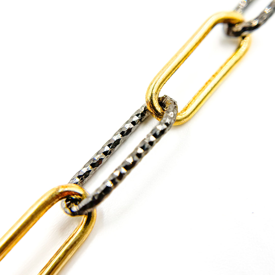 Gold Plated and Black Rhodium Sterling Silver Smooth and Diamond Cut Paperclip Chain