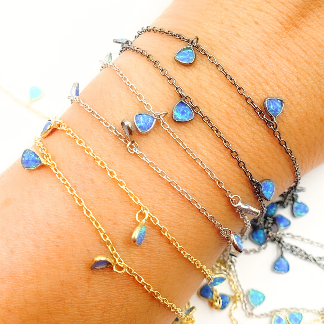 Created Blue Opal Triangle Shape Dangle Chain