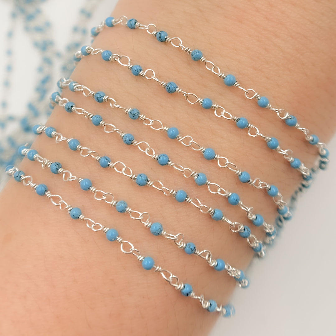 TRQ55. Turquoise Dainty Bead Sterling Silver Wire Chain