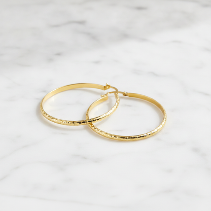 GER73. 14K Gold Diamond Cut Hollow Hoop Earrings