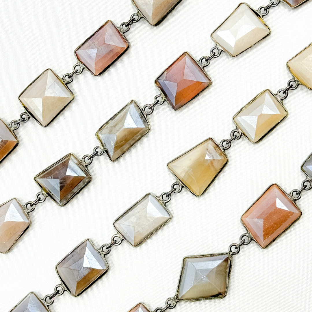 Coated Multi Moonstone Organic Shape Bezel Oxidized Wire Chain