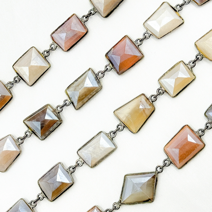 Coated Multi Moonstone Organic Shape Bezel Oxidized Wire Chain