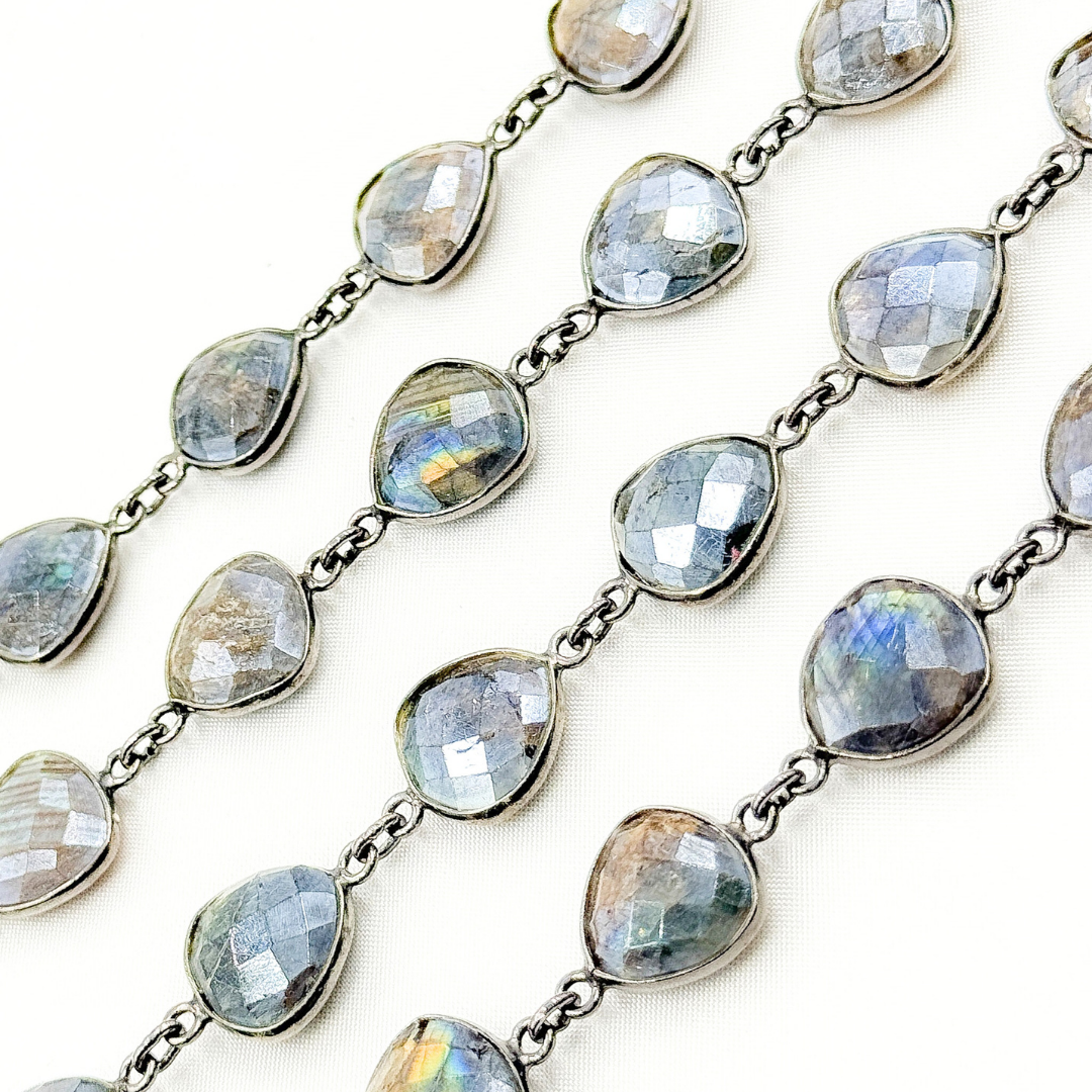 Coated Labradorite Triangle Shape Bezel Oxidized Wire Chain. CLB9