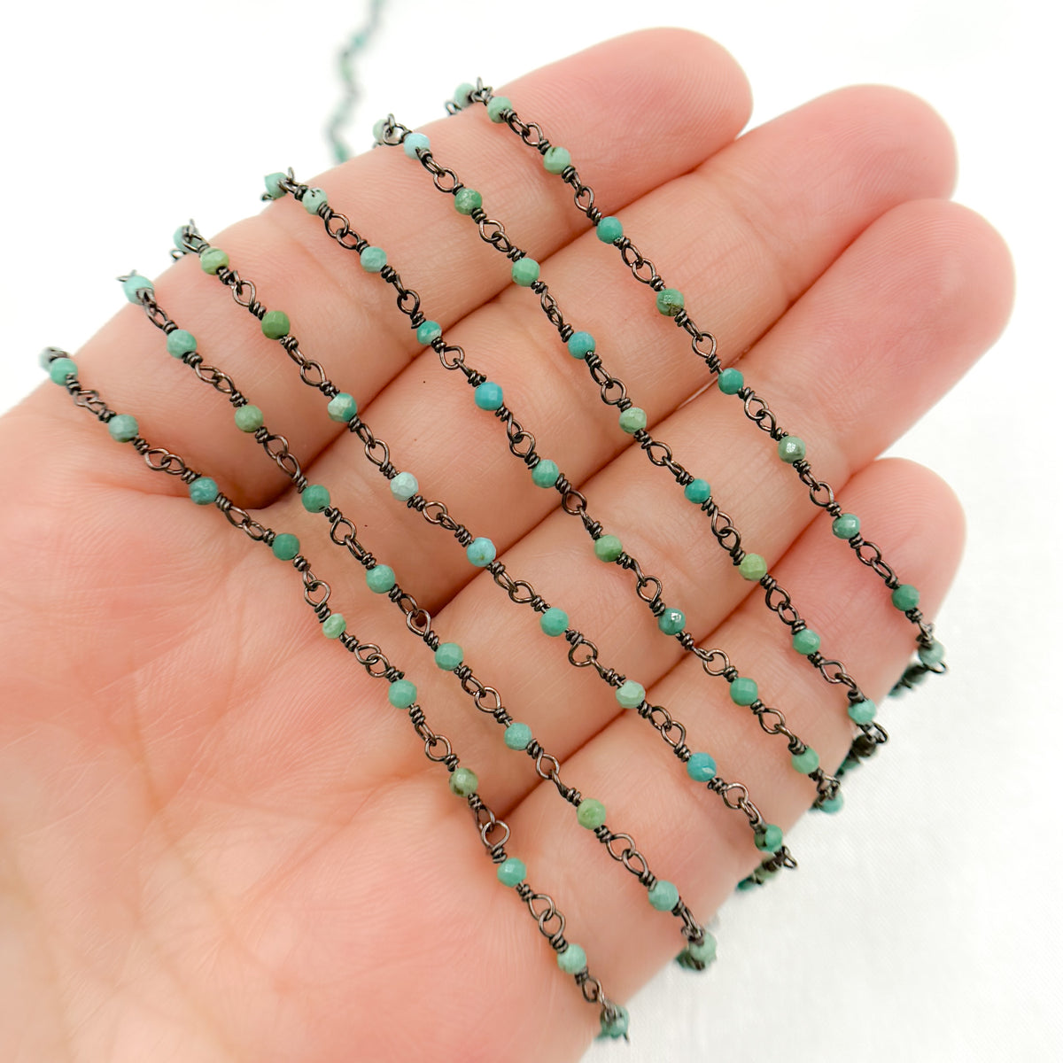 Black Rhodium 925 Sterling Silver and Natural Turquoise Wire Wrapped Bead Chain
