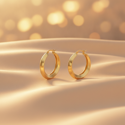 GER131. 14K Solid Gold Hollow Hoop Earrings