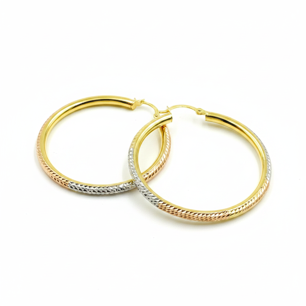 GER66. 14K Gold Tri-Color Hoop Earrings with Engraved Tornado Design