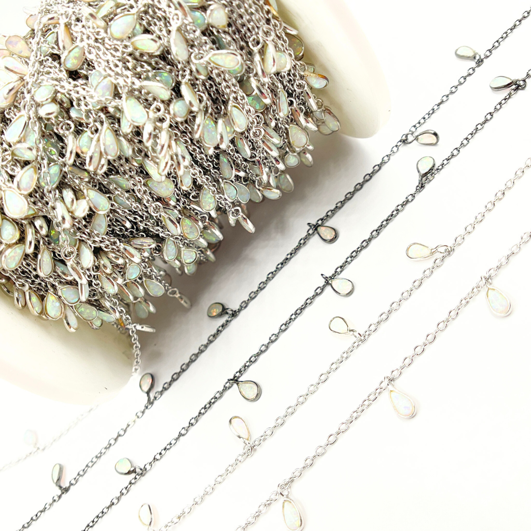 Created White Opal Tear Drop Shape Dangle Chain