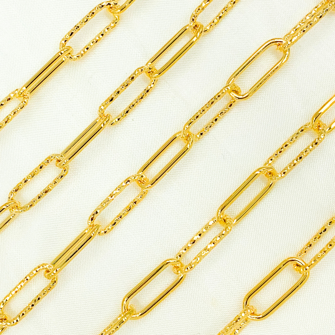 Gold Plated 925 Sterling Silver Smooth & Dimond Cut Link Paperclip Chain