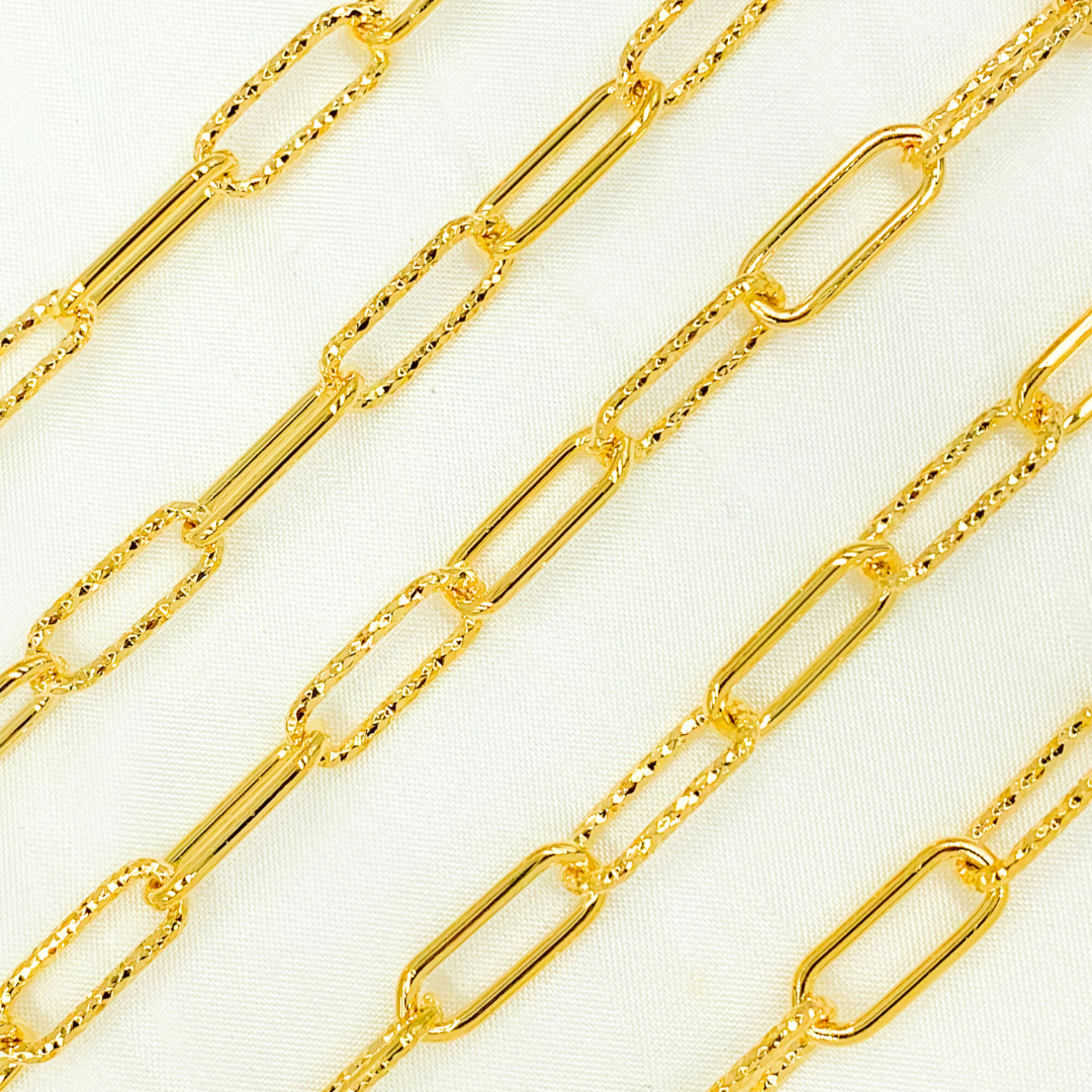 Gold Plated 925 Sterling Silver Smooth & Dimond Cut Link Paperclip Chain. V41GP